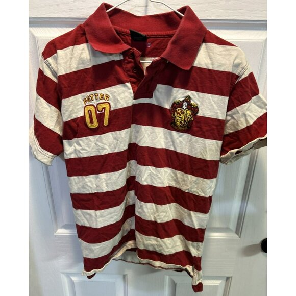 Harry Potter "Potter 07" Hogwarts Crest Red White Striped Polo Shirt Adult M - Picture 1 of 6